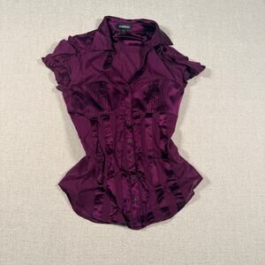 VINTAGE WOMEN'S BEBE BLOUSE PLUM SATIN SMALL RUCHED BUTTON UP BUSINESS